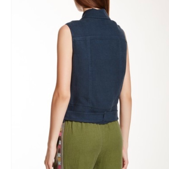 Denim Blue Linen Zip Up Belted Biker Moto Vest - Picture 3 of 3